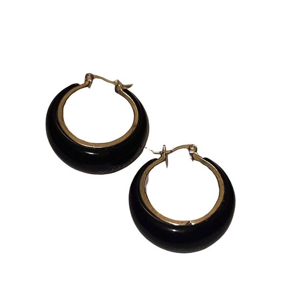 Vtg 80s Earrings Hoop Black Silvertone Lined Pierced - Picture 1 of 3